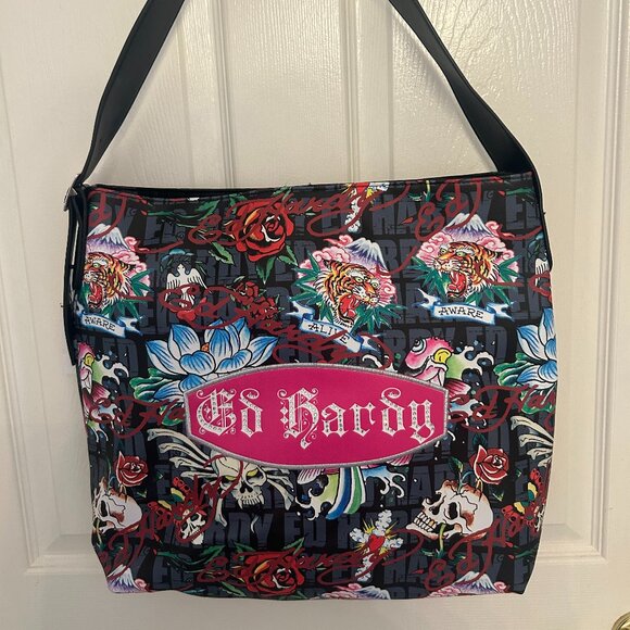 Ed Hardy Large Tote Bag Skulls and Roses with Wristlet - Picture 1 of 7